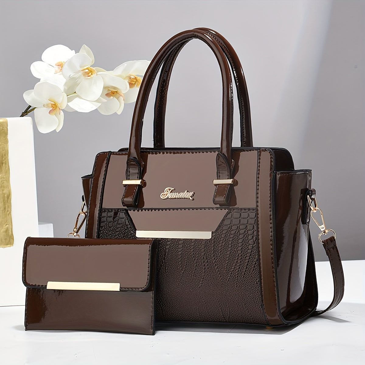 Vintage Crocodile Pattern Faux Leather Tote Bag Set – 2-Piece Handbag & Clutch with Adjustable Strap, Zipper Closure, Stylish Crossbody for Work, Travel & Gifting